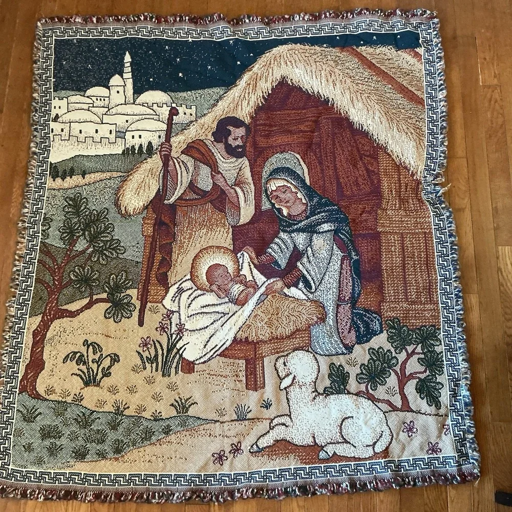 Nativity Throw Blanket 58x52 Christmas Bethlehem Jesus Woven Tapestry Religious